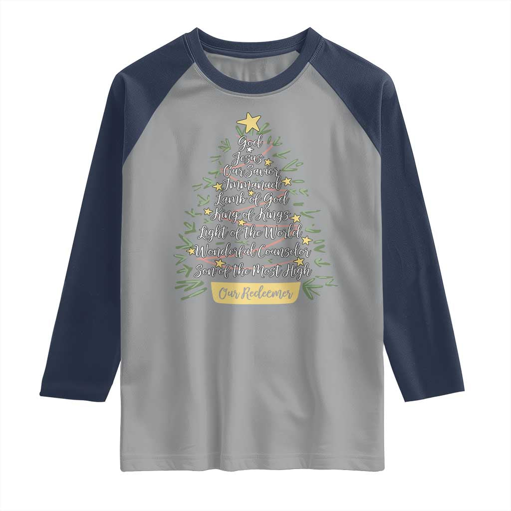 Christmas Christian Raglan Shirt Jesus Names Tree Religious Faith TS10 Sport Gray Navy Print Your Wear