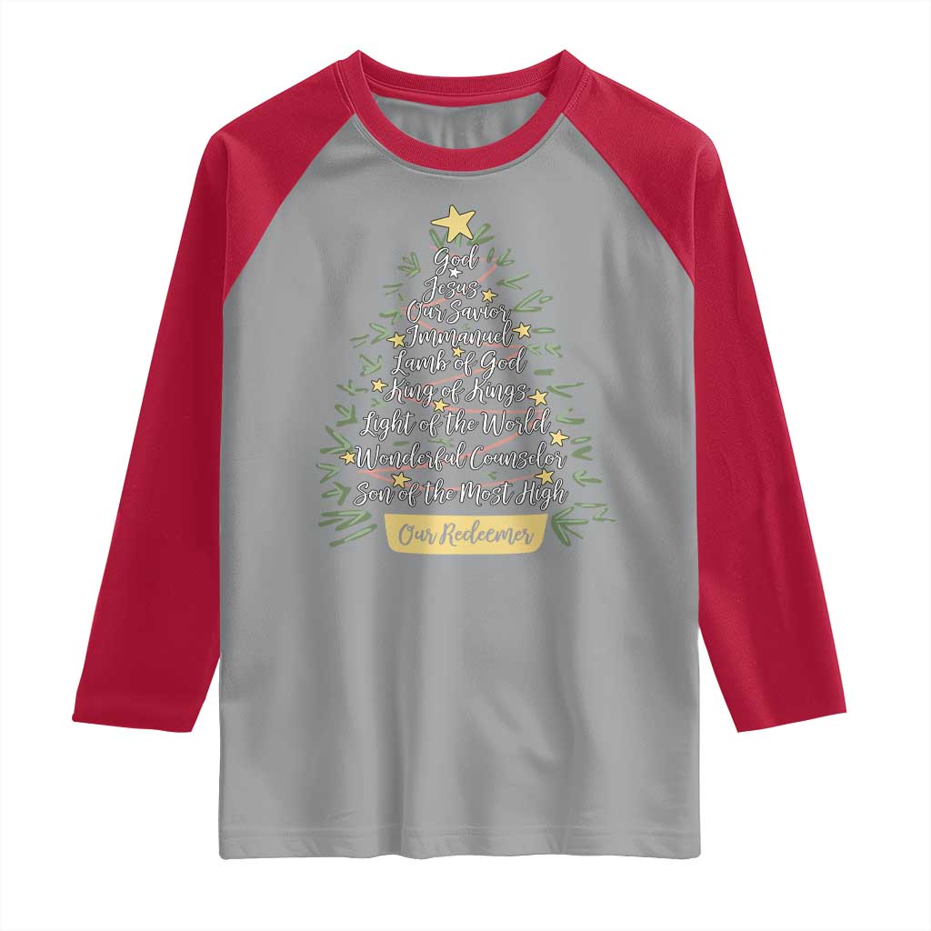 Christmas Christian Raglan Shirt Jesus Names Tree Religious Faith TS10 Sport Gray Red Print Your Wear