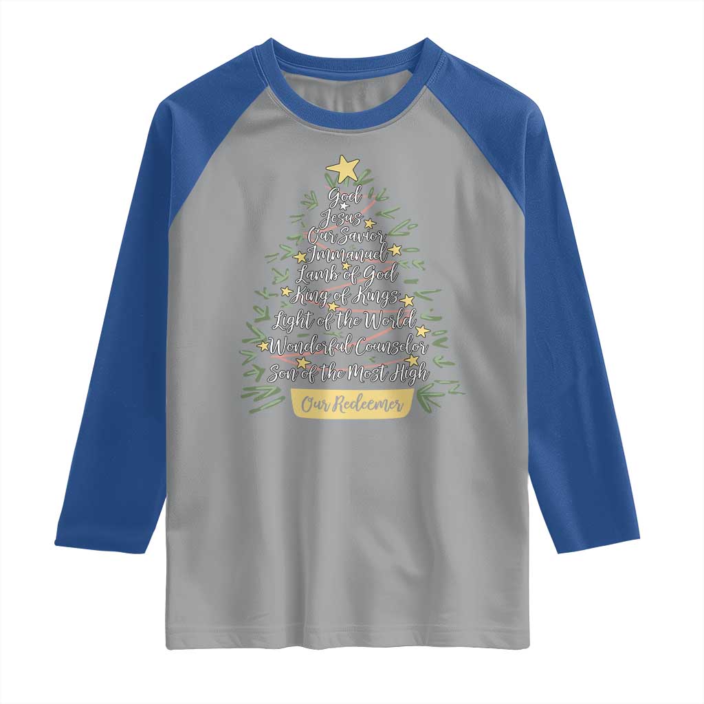 Christmas Christian Raglan Shirt Jesus Names Tree Religious Faith TS10 Sport Gray Royal Print Your Wear