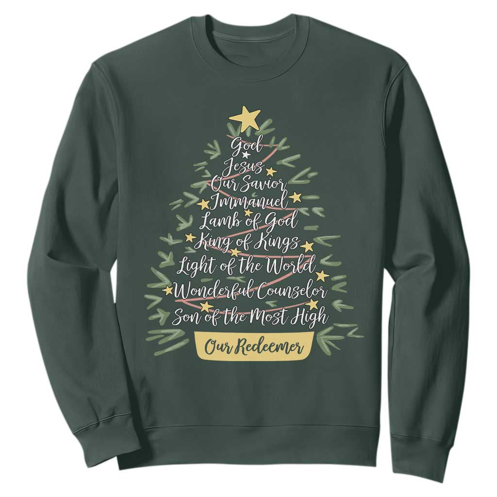 Christmas Christian Sweatshirt Jesus Names Tree Religious Faith TS10 Dark Forest Green Print Your Wear