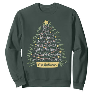 Christmas Christian Sweatshirt Jesus Names Tree Religious Faith TS10 Dark Forest Green Print Your Wear