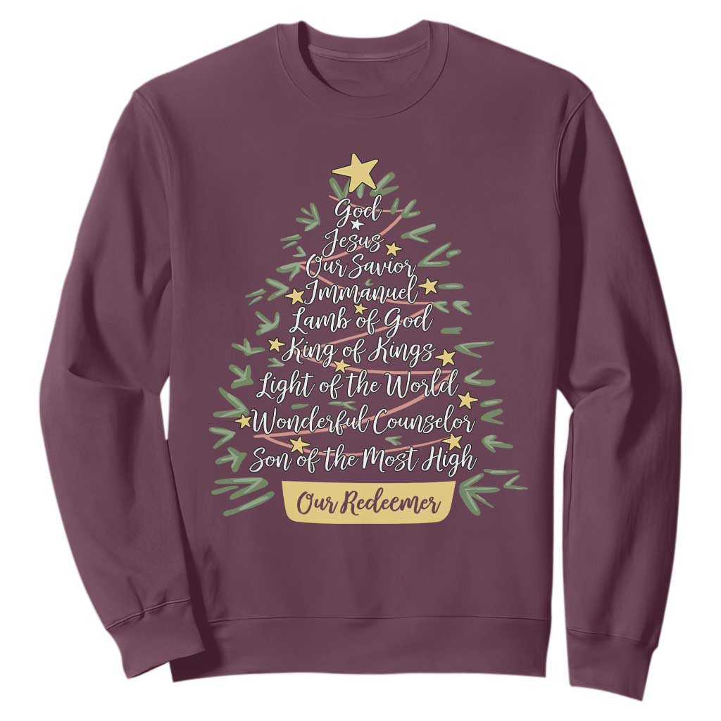 Christmas Christian Sweatshirt Jesus Names Tree Religious Faith TS10 Maroon Print Your Wear
