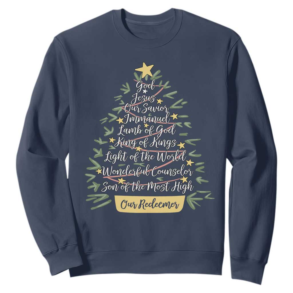 Christmas Christian Sweatshirt Jesus Names Tree Religious Faith TS10 Navy Print Your Wear