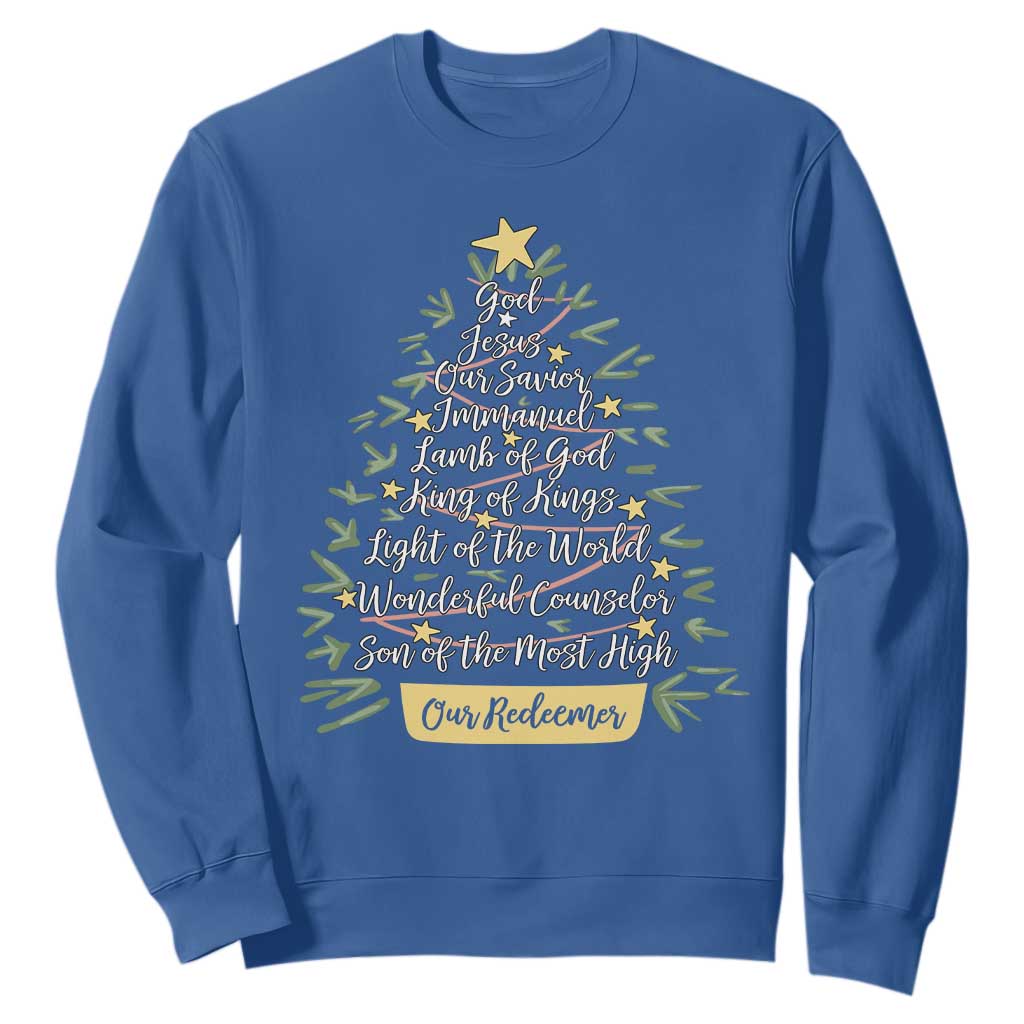 Christmas Christian Sweatshirt Jesus Names Tree Religious Faith TS10 Royal Blue Print Your Wear