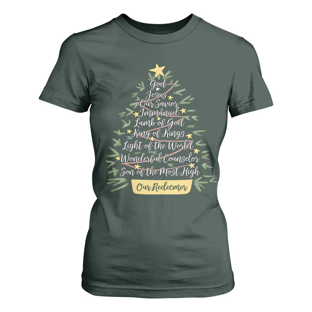 Christmas Christian T Shirt For Women Jesus Names Tree Religious Faith TS10 Dark Forest Green Print Your Wear