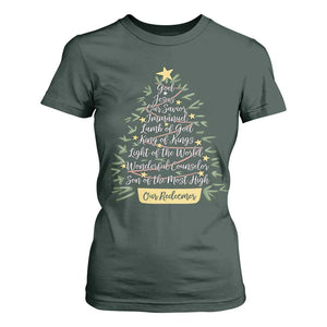 Christmas Christian T Shirt For Women Jesus Names Tree Religious Faith TS10 Dark Forest Green Print Your Wear