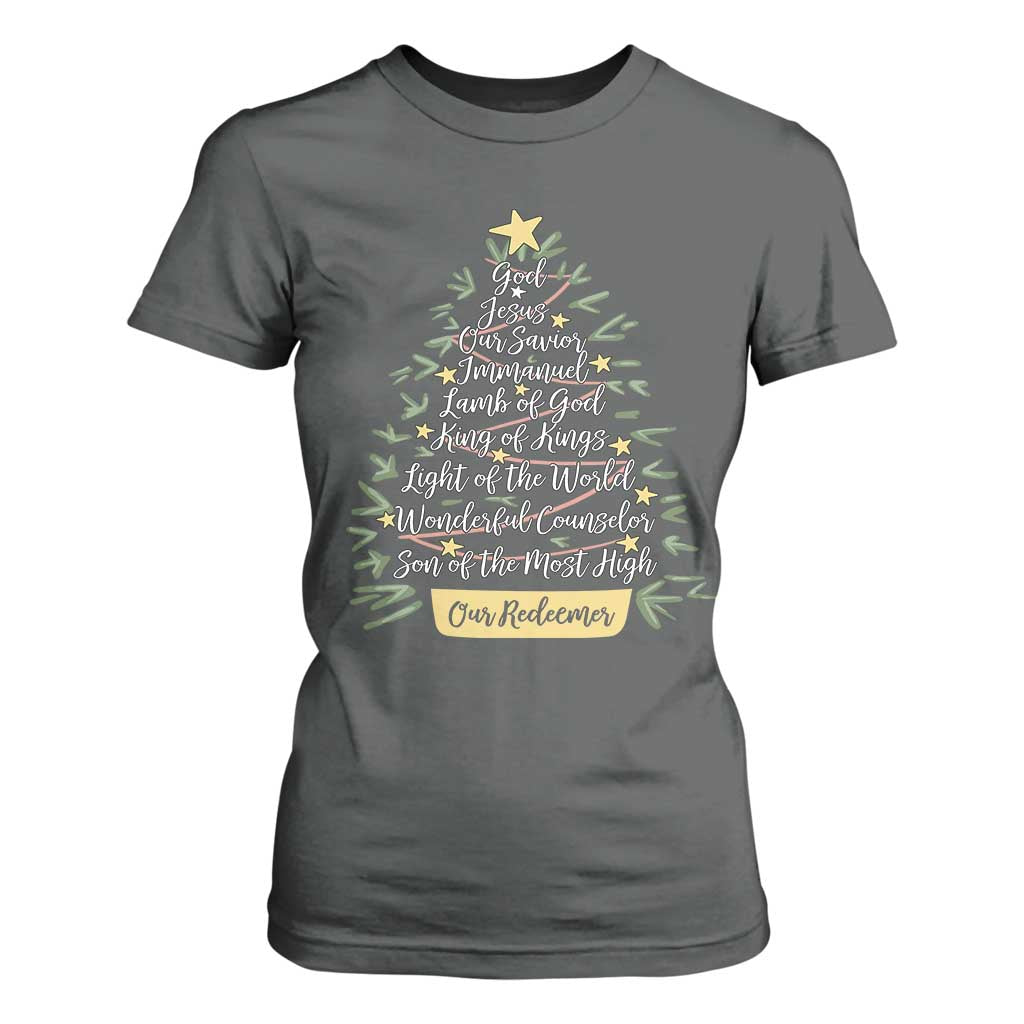 Christmas Christian T Shirt For Women Jesus Names Tree Religious Faith TS10 Dark Heather Print Your Wear