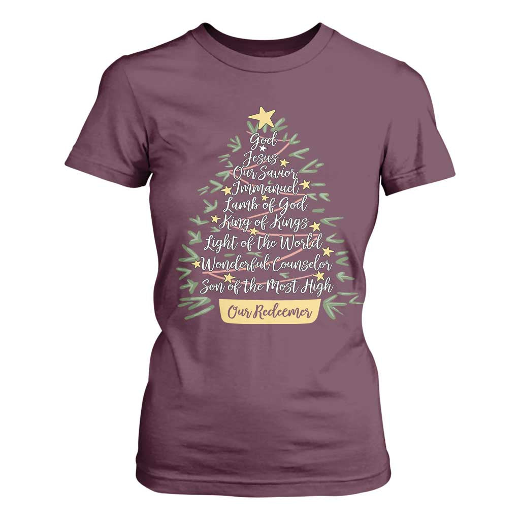 Christmas Christian T Shirt For Women Jesus Names Tree Religious Faith TS10 Maroon Print Your Wear