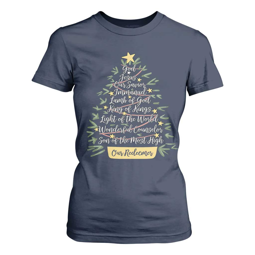 Christmas Christian T Shirt For Women Jesus Names Tree Religious Faith TS10 Navy Print Your Wear