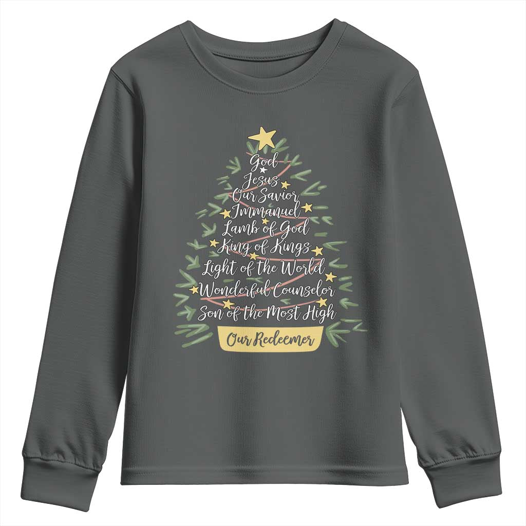 Christmas Christian Youth Sweatshirt Jesus Names Tree Religious Faith TS10 Dark Heather Print Your Wear