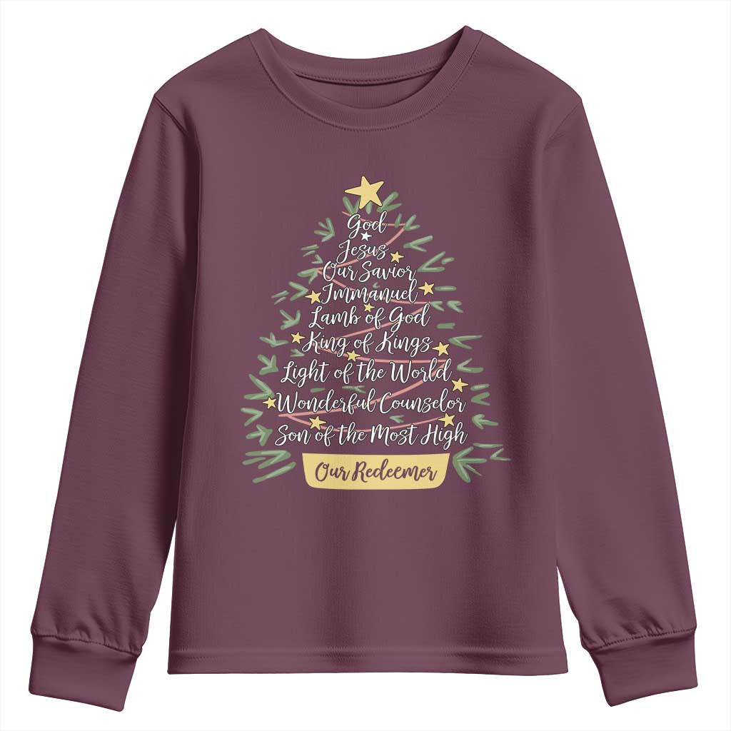 Christmas Christian Youth Sweatshirt Jesus Names Tree Religious Faith TS10 Maroon Print Your Wear