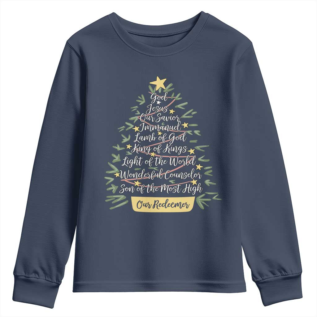 Christmas Christian Youth Sweatshirt Jesus Names Tree Religious Faith TS10 Navy Print Your Wear