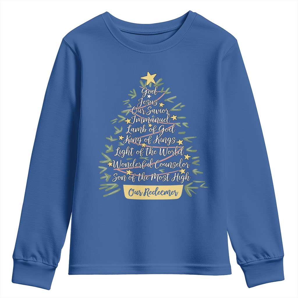 Christmas Christian Youth Sweatshirt Jesus Names Tree Religious Faith TS10 Royal Blue Print Your Wear