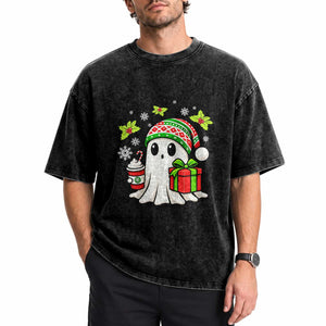 Ghost Santa Christmas Washed Cotton T-Shirt Holiday Xmas Halloween
