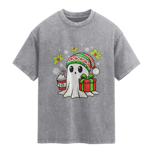 Ghost Santa Christmas Washed Cotton T-Shirt Holiday Xmas Halloween