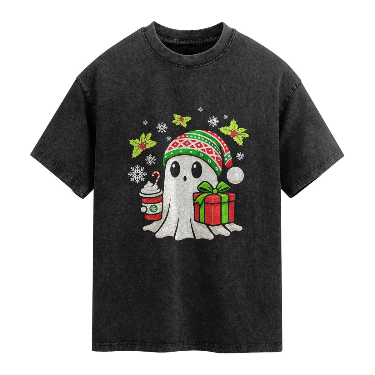 Ghost Santa Christmas Washed Cotton T-Shirt Holiday Xmas Halloween