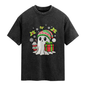 Ghost Santa Christmas Washed Cotton T-Shirt Holiday Xmas Halloween