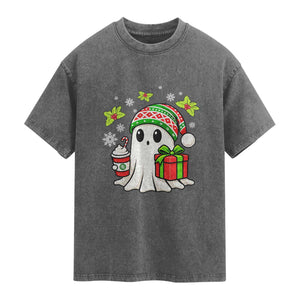 Ghost Santa Christmas Washed Cotton T-Shirt Holiday Xmas Halloween