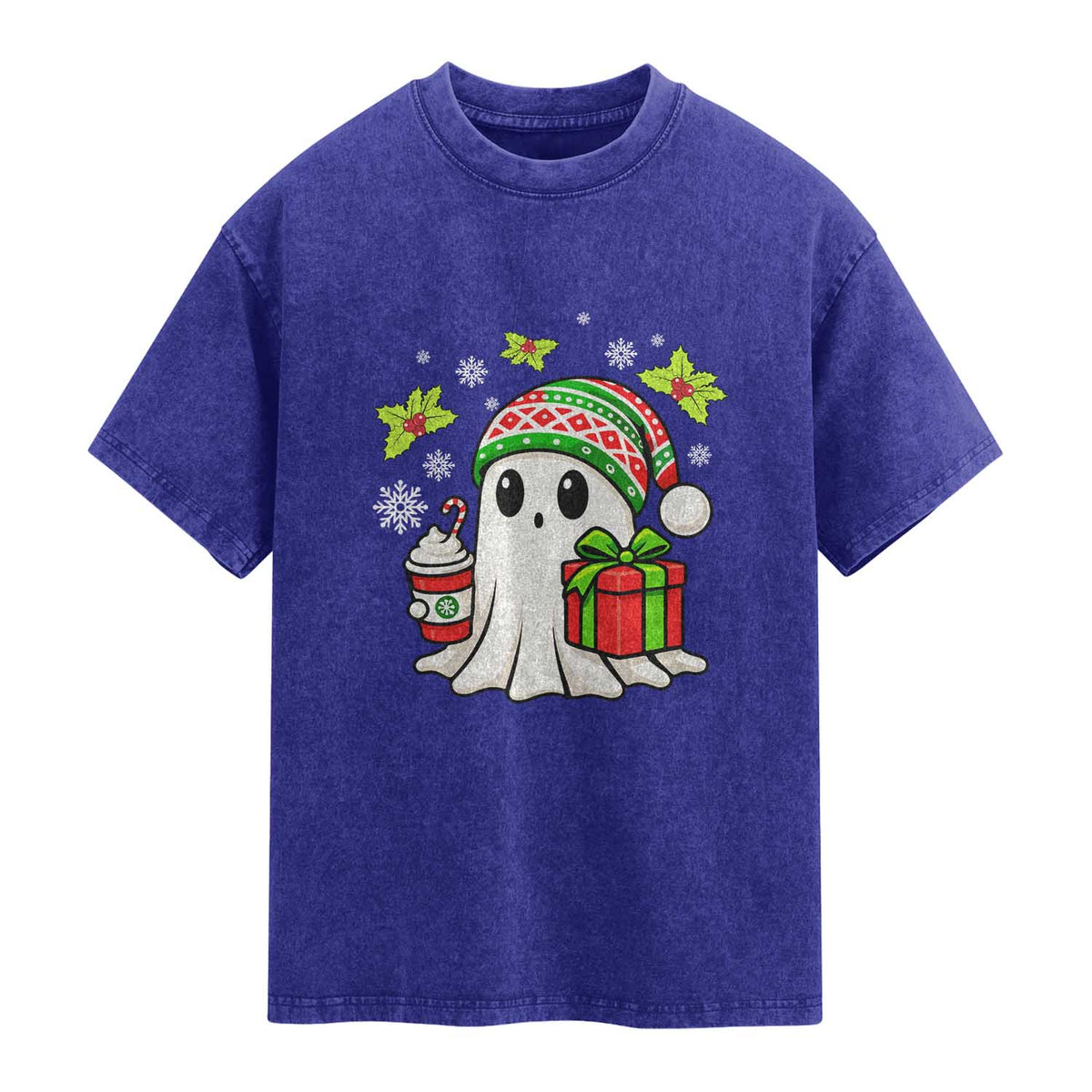 Ghost Santa Christmas Washed Cotton T-Shirt Holiday Xmas Halloween