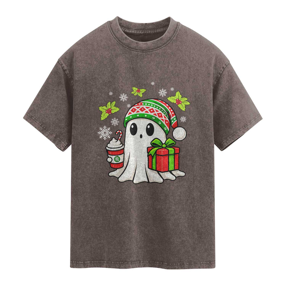 Ghost Santa Christmas Washed Cotton T-Shirt Holiday Xmas Halloween