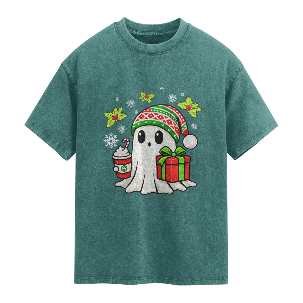 Ghost Santa Christmas Washed Cotton T-Shirt Holiday Xmas Halloween