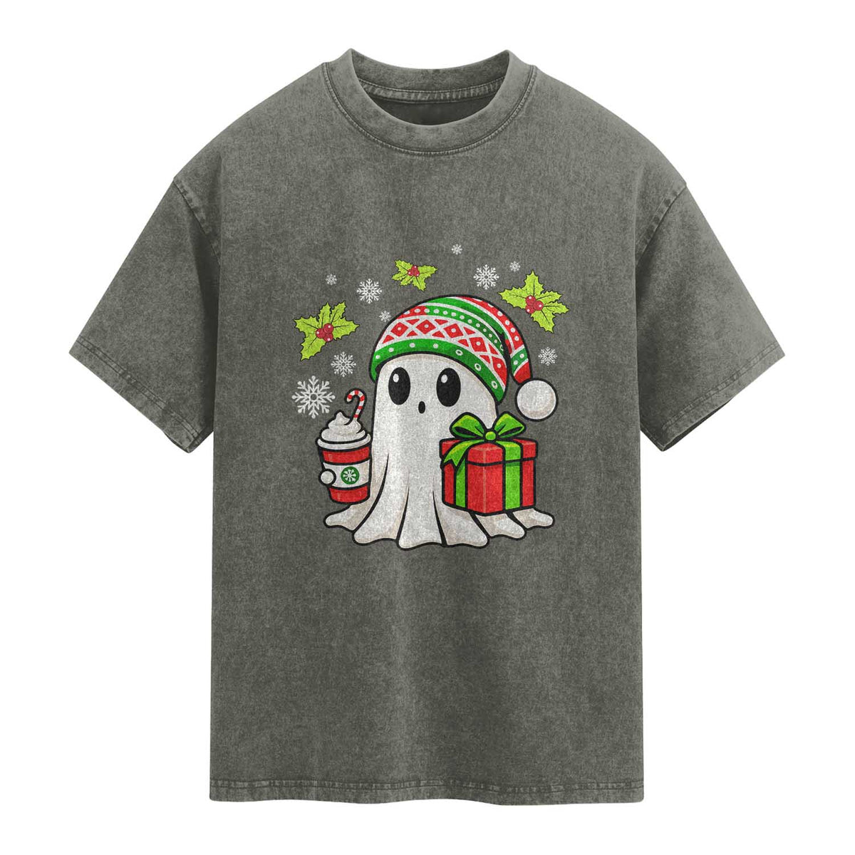 Ghost Santa Christmas Washed Cotton T-Shirt Holiday Xmas Halloween