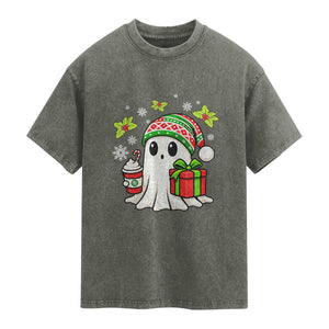 Ghost Santa Christmas Washed Cotton T-Shirt Holiday Xmas Halloween