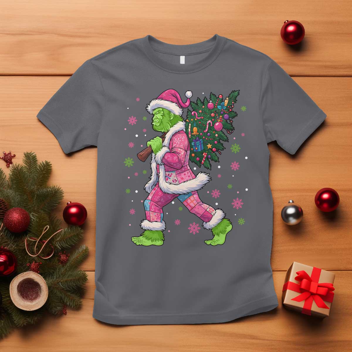 Bigfoot Christmas Tree T Shirt Pink Xmas Funny Green Sasquatch TS10 Charcoal Print Your Wear