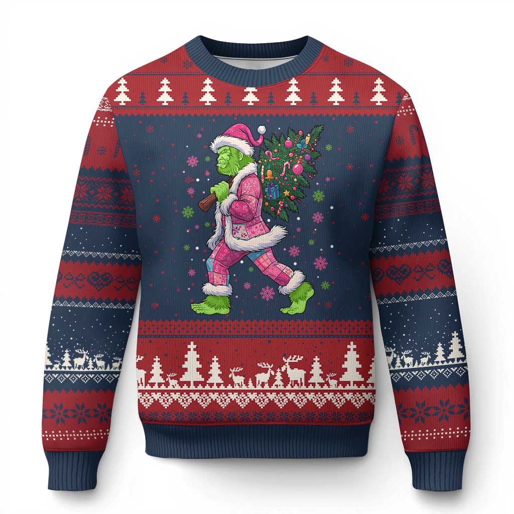 Bigfoot Xmas Tree Ugly Christmas Sweater Pink Xmas Funny Green Sasquatch TS10 Navy Red Print Your Wear