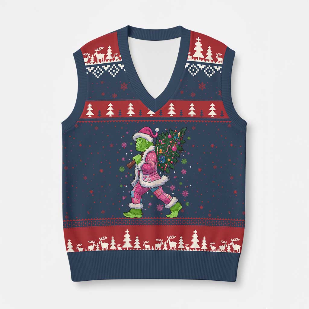 Bigfoot Xmas Tree V-Neck Knit Sweater Vest Pink Xmas Funny Green Sasquatch TS10 Navy Red Print Your Wear
