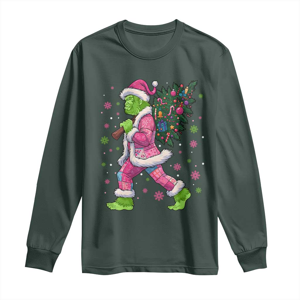 Bigfoot Christmas Tree Long Sleeve Shirt Pink Xmas Funny Green Sasquatch TS10 Dark Forest Green Print Your Wear