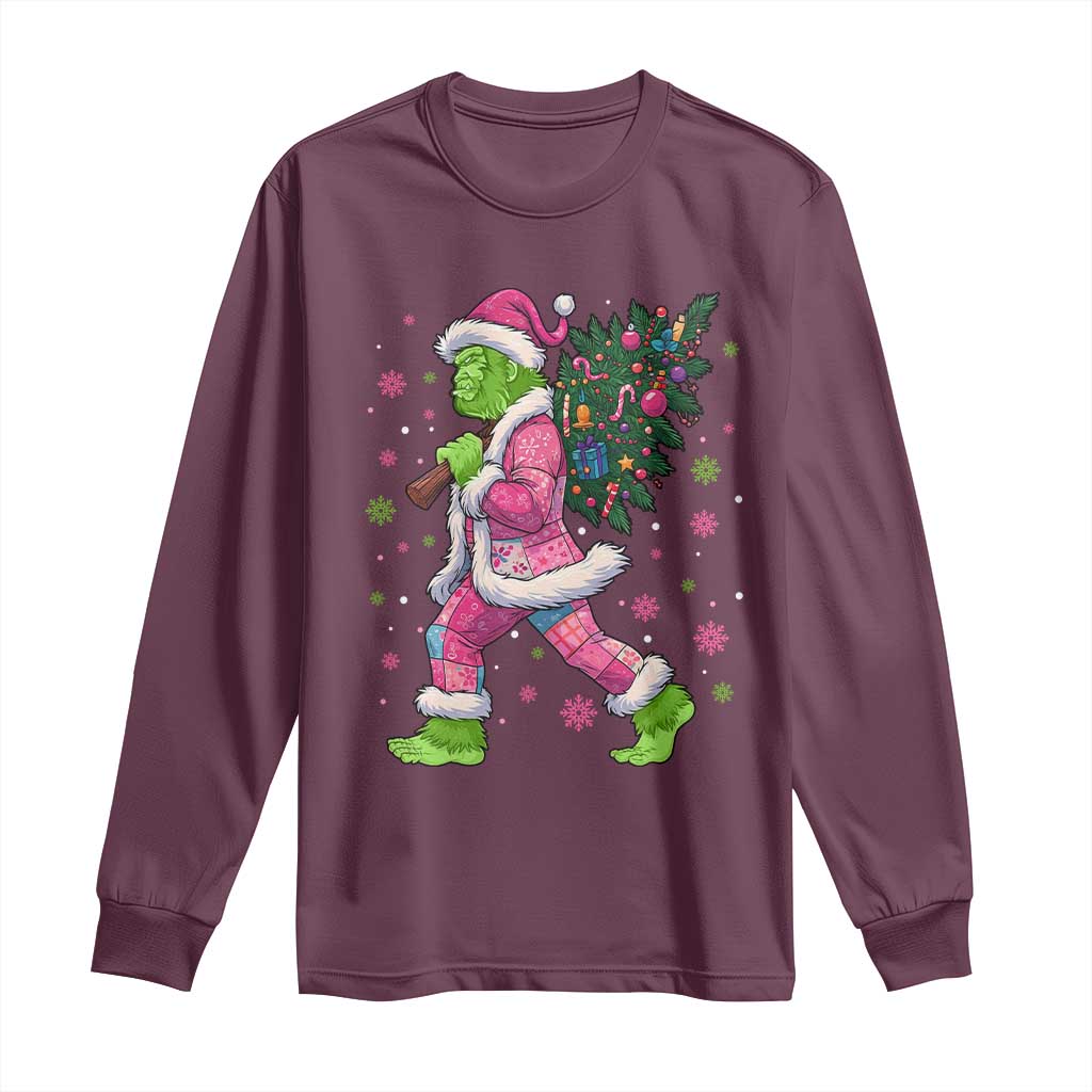 Bigfoot Christmas Tree Long Sleeve Shirt Pink Xmas Funny Green Sasquatch TS10 Maroon Print Your Wear