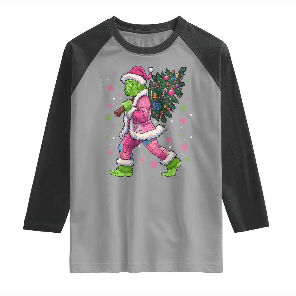 Bigfoot Christmas Tree Raglan Shirt Pink Xmas Funny Green Sasquatch TS10 Sport Gray Black Print Your Wear