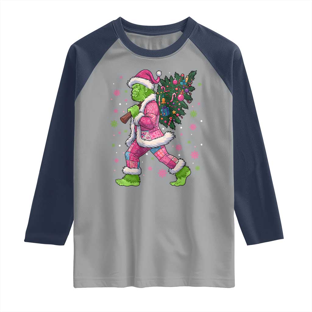 Bigfoot Christmas Tree Raglan Shirt Pink Xmas Funny Green Sasquatch TS10 Sport Gray Navy Print Your Wear