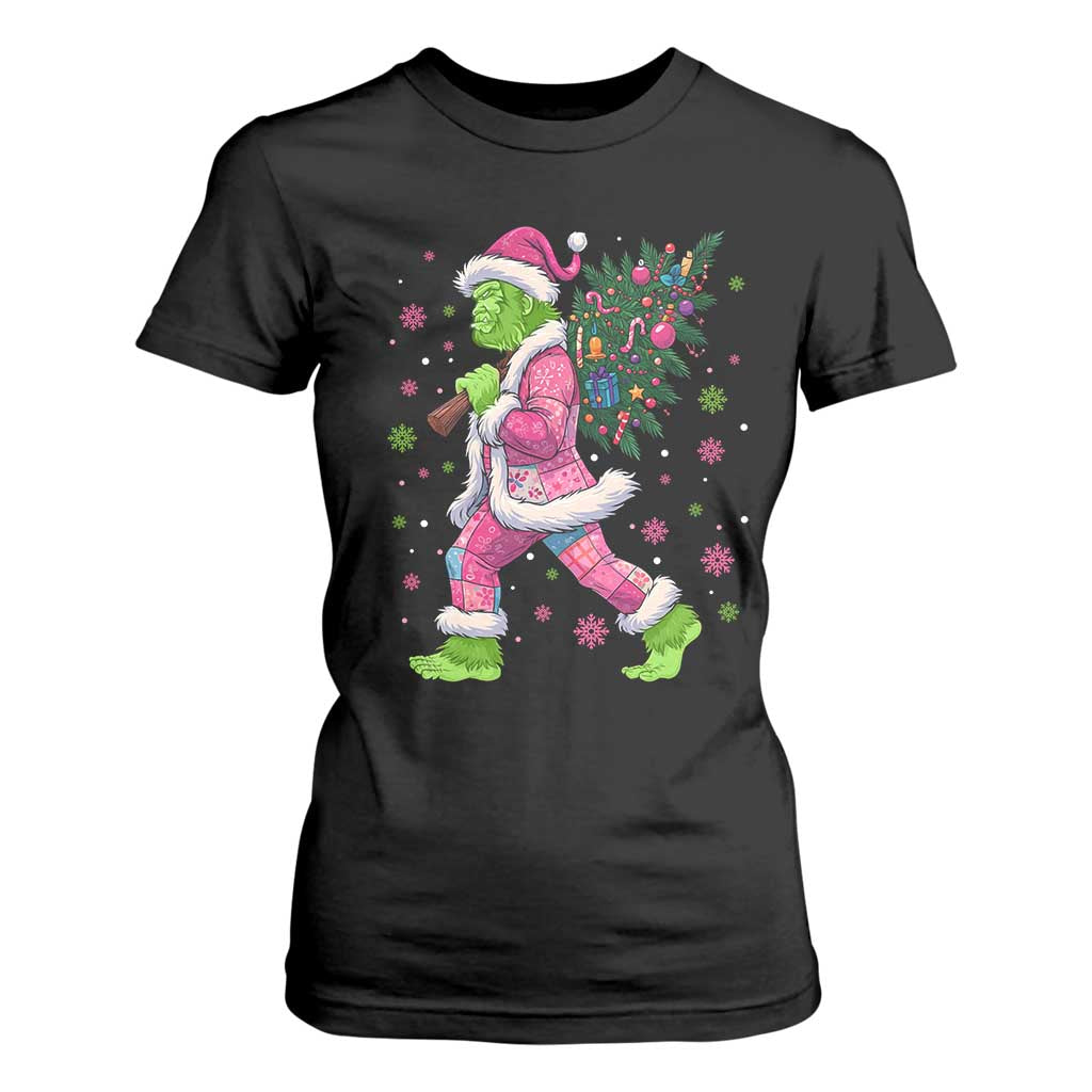 Bigfoot Christmas Tree T Shirt For Women Pink Xmas Funny Green Sasquatch TS10 Black Print Your Wear