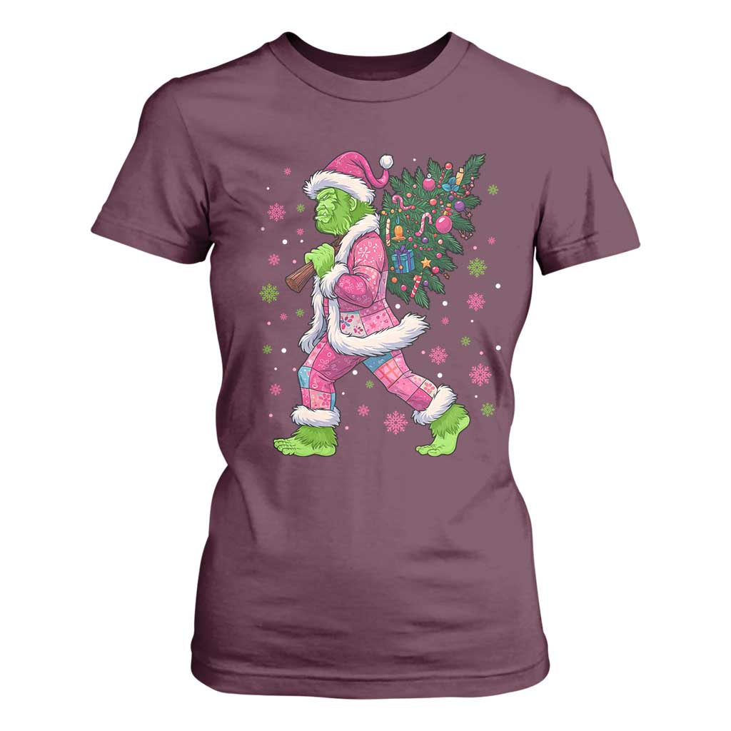 Bigfoot Christmas Tree T Shirt For Women Pink Xmas Funny Green Sasquatch TS10 Maroon Print Your Wear