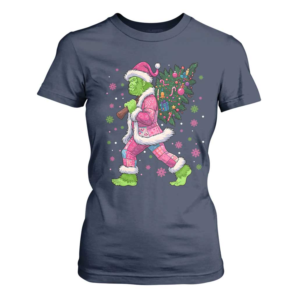 Bigfoot Christmas Tree T Shirt For Women Pink Xmas Funny Green Sasquatch TS10 Navy Print Your Wear