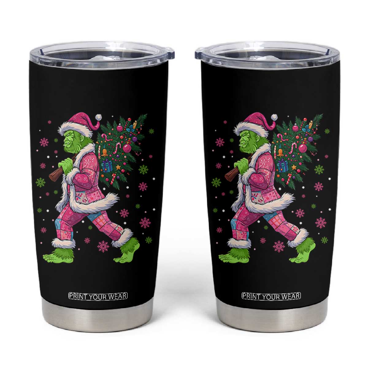 Bigfoot Christmas Tree Tumbler Cup Pink Xmas Funny Green Sasquatch TS10 Black Print Your Wear