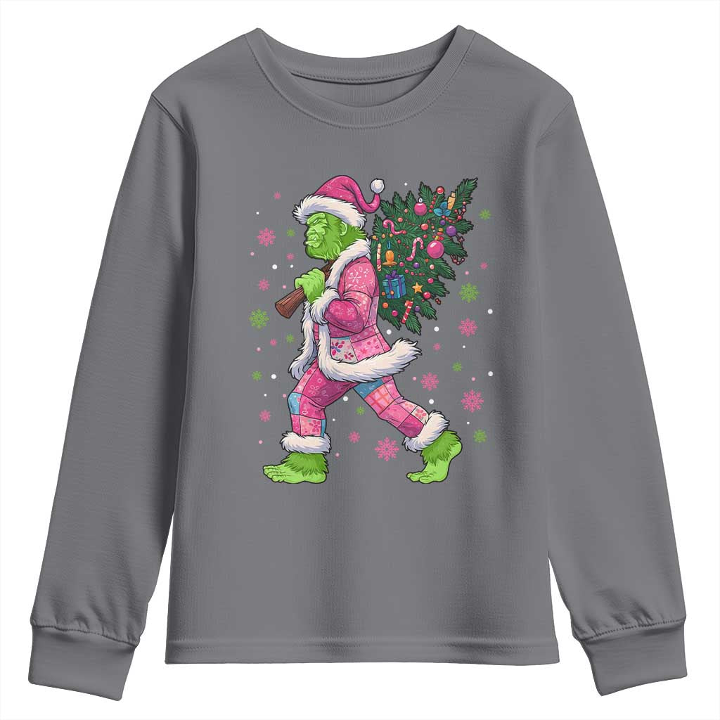 Bigfoot Christmas Tree Youth Sweatshirt Pink Xmas Funny Green Sasquatch TS10 Charcoal Print Your Wear