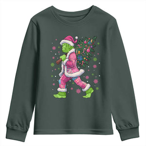 Bigfoot Christmas Tree Youth Sweatshirt Pink Xmas Funny Green Sasquatch TS10 Dark Forest Green Print Your Wear