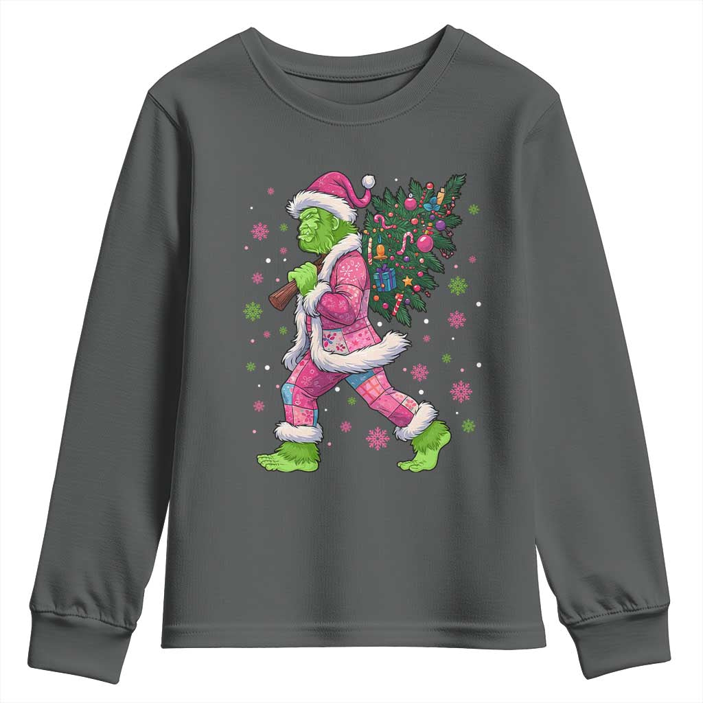 Bigfoot Christmas Tree Youth Sweatshirt Pink Xmas Funny Green Sasquatch TS10 Dark Heather Print Your Wear