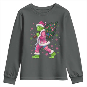 Bigfoot Christmas Tree Youth Sweatshirt Pink Xmas Funny Green Sasquatch TS10 Dark Heather Print Your Wear