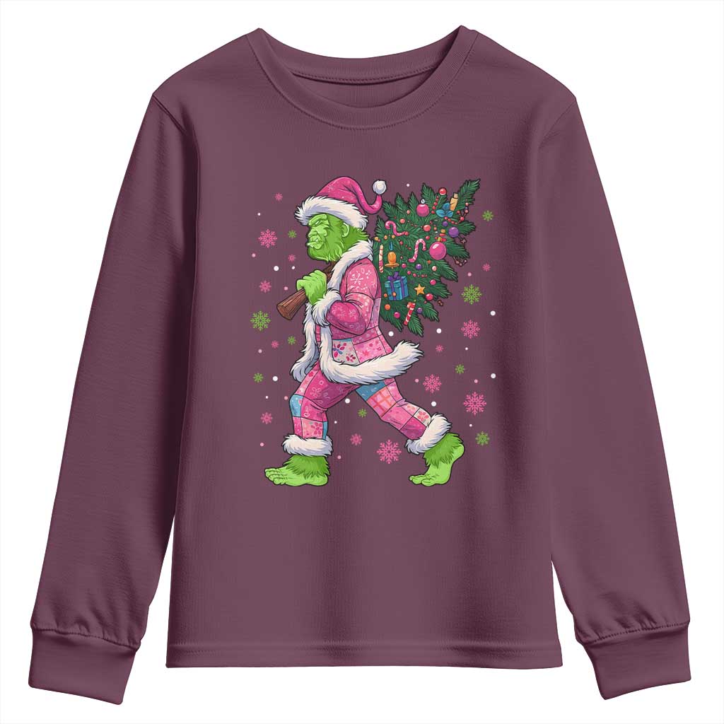 Bigfoot Christmas Tree Youth Sweatshirt Pink Xmas Funny Green Sasquatch TS10 Maroon Print Your Wear