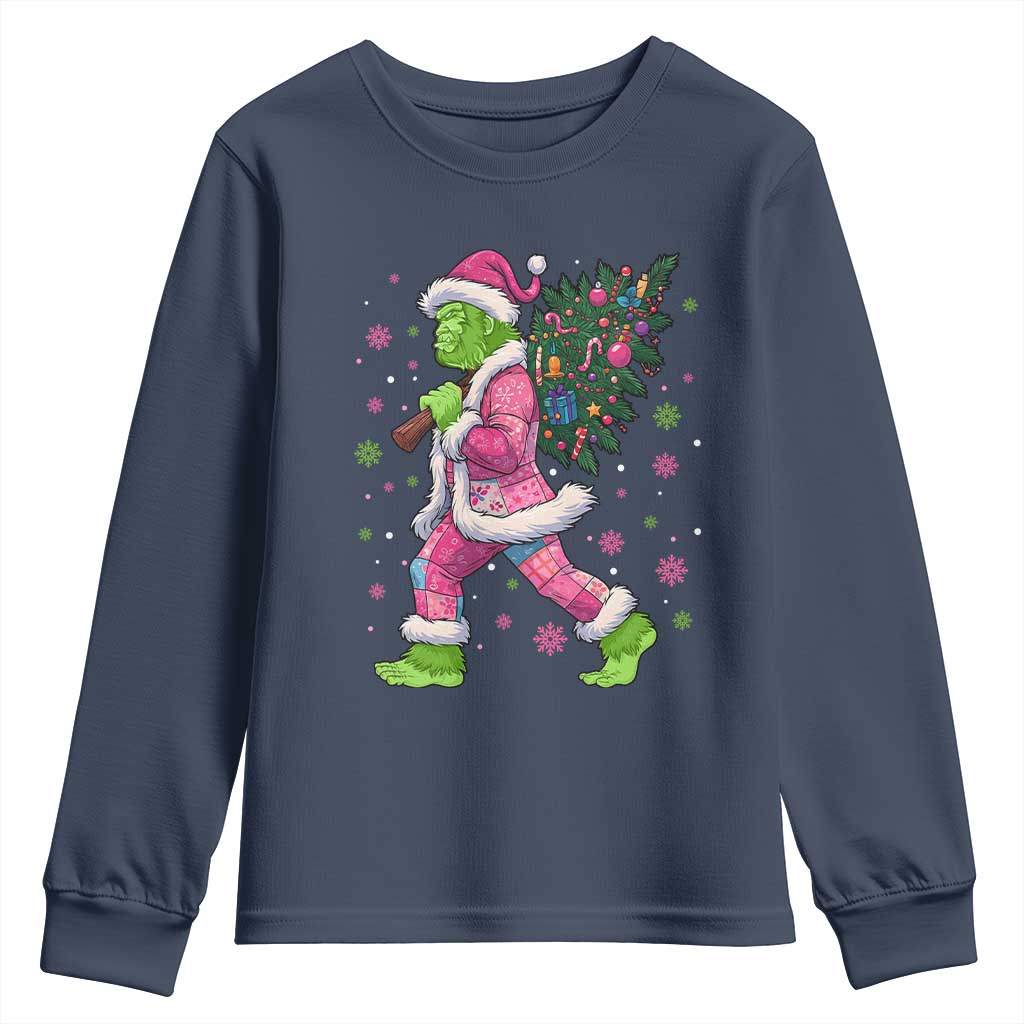 Bigfoot Christmas Tree Youth Sweatshirt Pink Xmas Funny Green Sasquatch TS10 Navy Print Your Wear