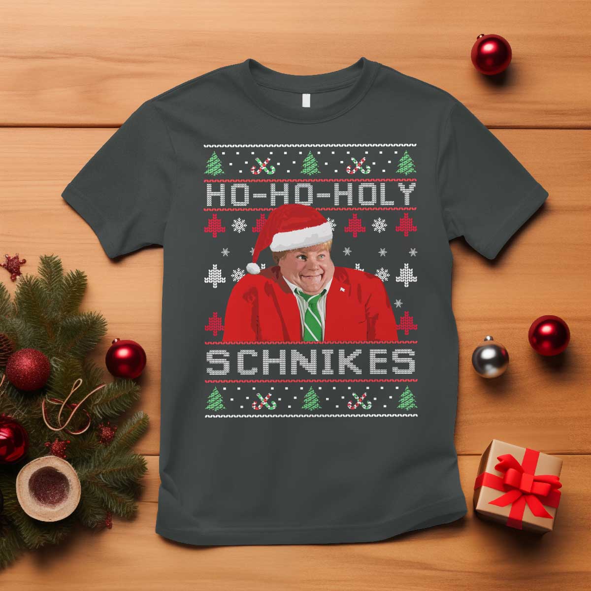 Funny Ugly Christmas T Shirt Chris Holy Schnikes Farley TS10 Dark Heather Print Your Wear