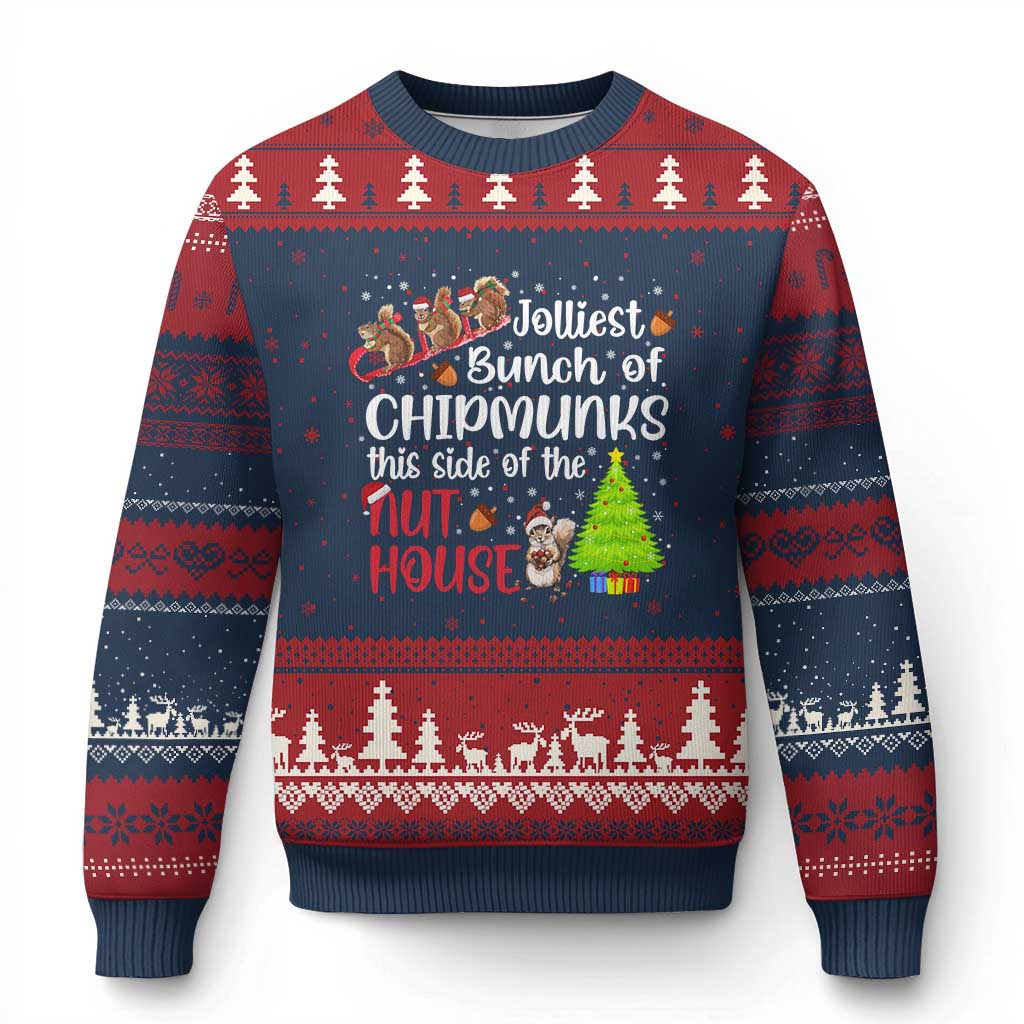 Funny Xmas Ugly Christmas Sweater Jolliest Bunch Of Chipmunks This Side Of The Nut House TS10 Navy Red Print Your Wear