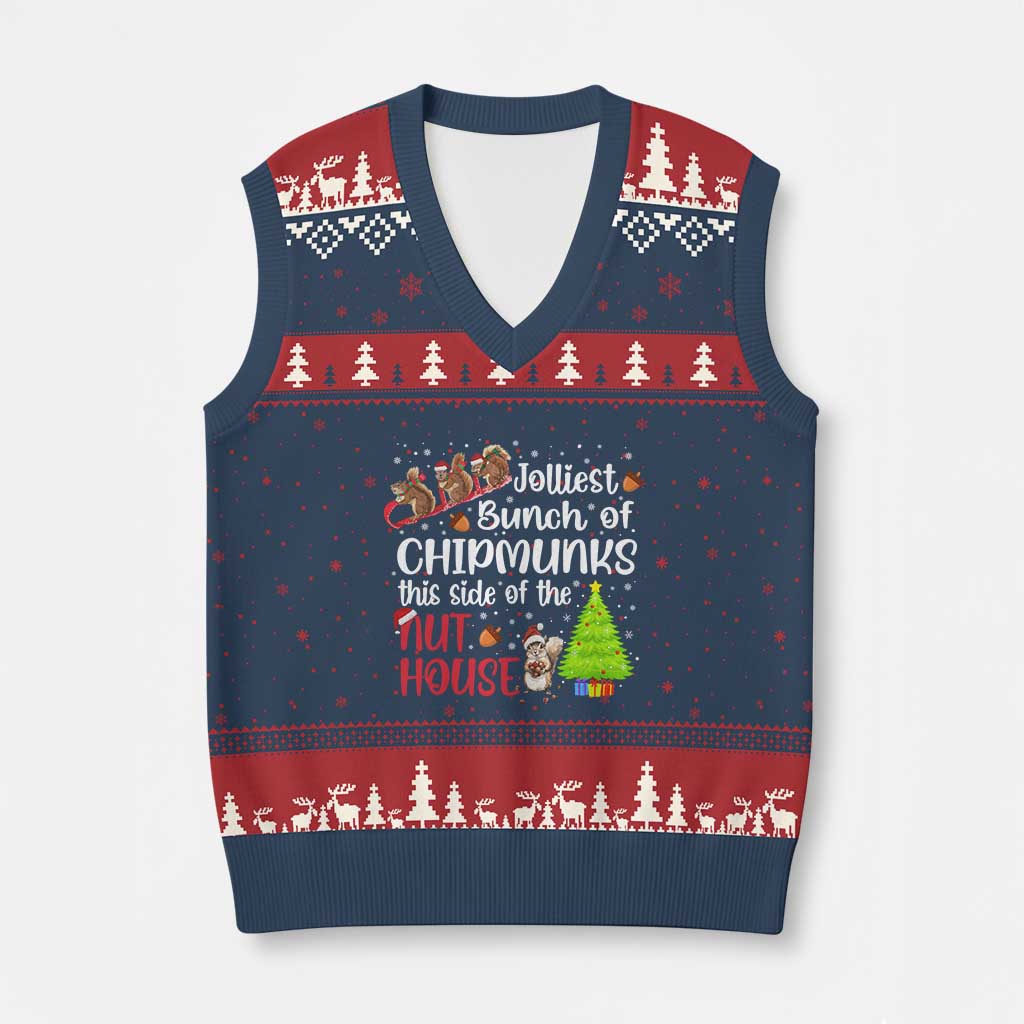 Funny Xmas V-Neck Knit Sweater Vest Jolliest Bunch Of Chipmunks This Side Of The Nut House TS10 Navy Red Print Your Wear