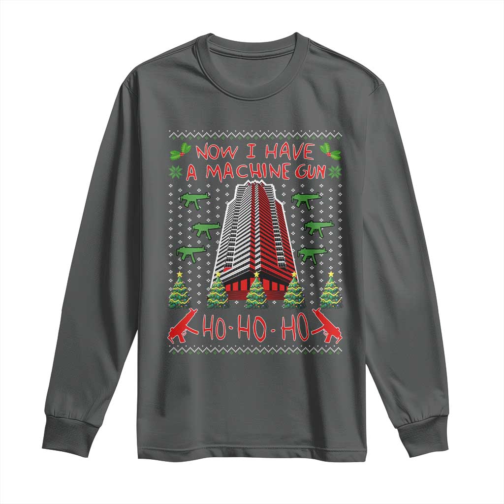 Now I Have A Machine Gun Long Sleeve Shirt Nakatomi Plaza Christmas Party 1988 Ugly Xmas Gift TS10 Dark Heather Print Your Wear
