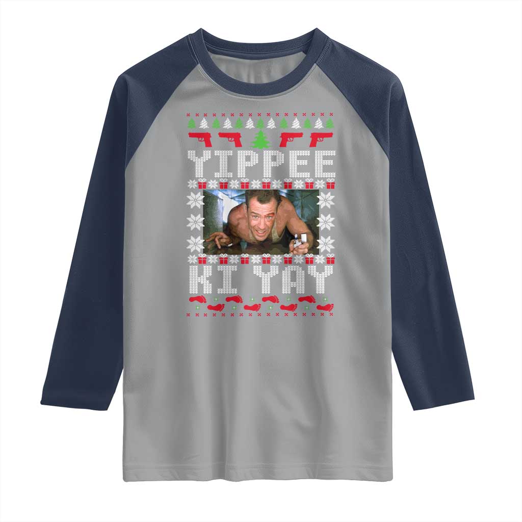 Yippee Ki Yay Raglan Shirt Funny 80's Movie Xmas Gift Ugly Christmas TS10 Sport Gray Navy Print Your Wear