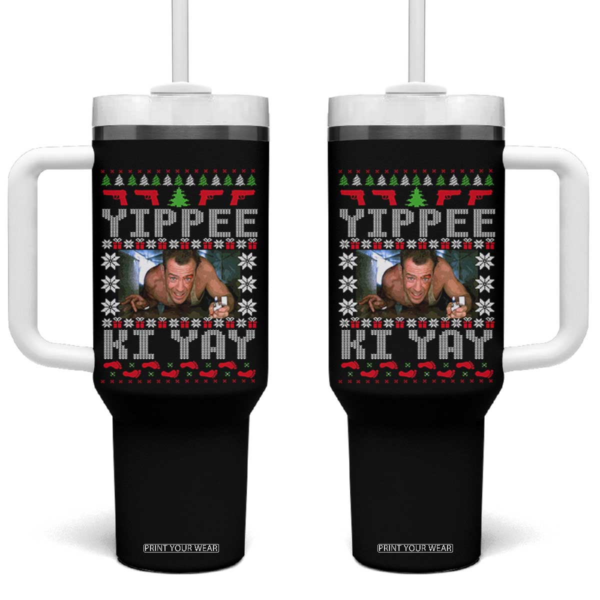 Yippee Ki Yay Tumbler With Handle Funny 80's Movie Xmas Gift Ugly Christmas TS10 One Size: 40 oz Black Print Your Wear